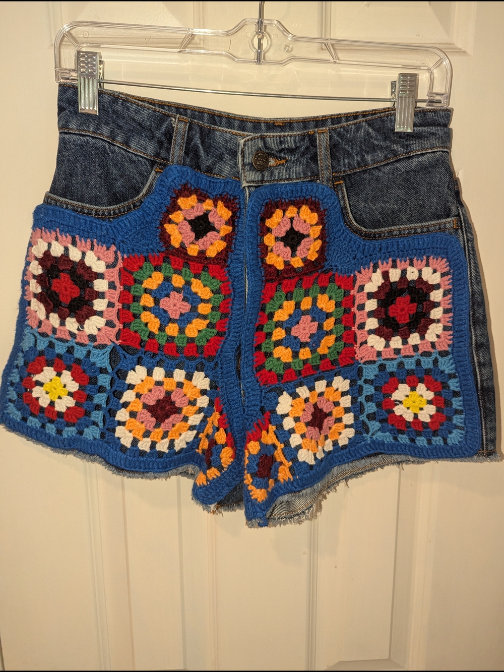 FARM Rio Denim Shorts with Multicolor Crochet Granny Squares